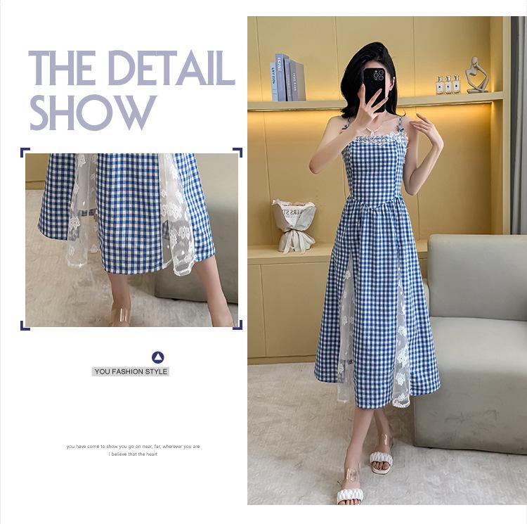 In-Stock Lace Plaid Slimming Camisole Dress with Large Skirt.