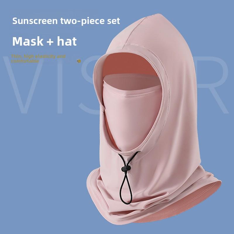 Summer sun protection hat with ice silk face mask, full-face head cover and neck protector for men and women, breathable nylon outdoor accessory