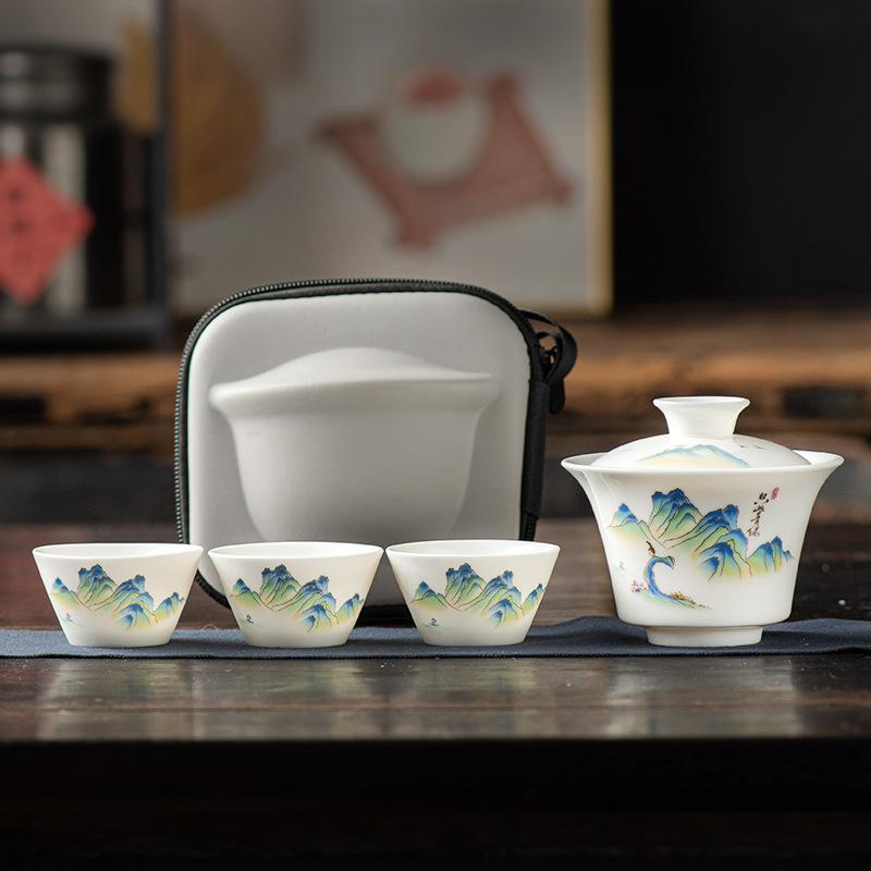 Travel Tea Set, Bowl Lid, Gaiwan,Tea Cup, Outdoor Kung Fu Tea Set, Portable Kuaike Cup, Sheep Fat Jade White Porcelain Gift