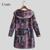 Winter Warm Damen Nationalstil Retro Langer Bedruckter Hoodie Mantel Große Größe Schlankes Temperament Oberbekleidung