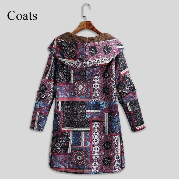 Winter Warm Damen Nationalstil Retro Langer Bedruckter Hoodie Mantel Große Größe Schlankes Temperament Oberbekleidung