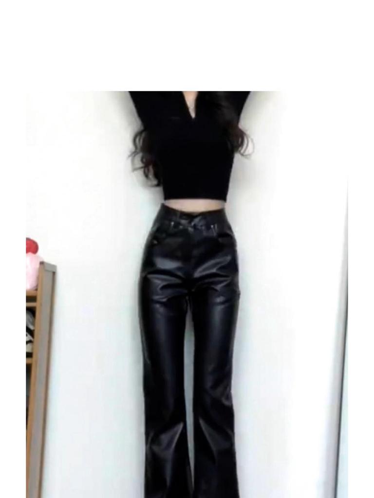Damen High-Waist PU-Leder Micro-Flare Hose, Große Größen, Schlankmachend, Schwarz, Herbststil, Bodenlang.