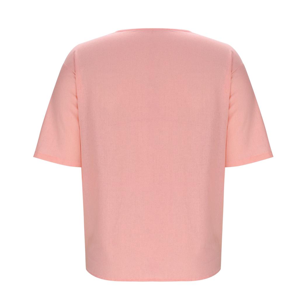 Summer Loose T-shirt Women's V-neck Cotton and Linen Button Top