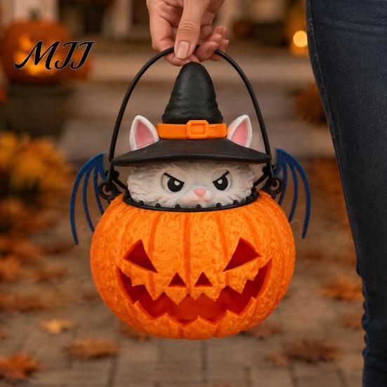 Home Soft Furnishings Halloween Cat Pumpkin Lantern, 3D Printed Glowing Figurine Indoor Outdoor Party Prop with Witch Hat, Spooky Tabletop Ornament,