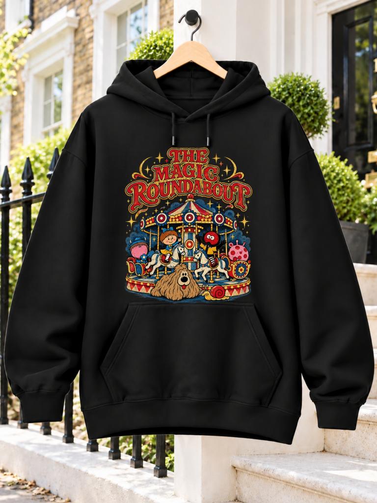 The Magic Roundabout Carousel with Classic Cartoon Characters Horses Stars And Colorful Vintage Fairground Graphic Unisex Hoodie