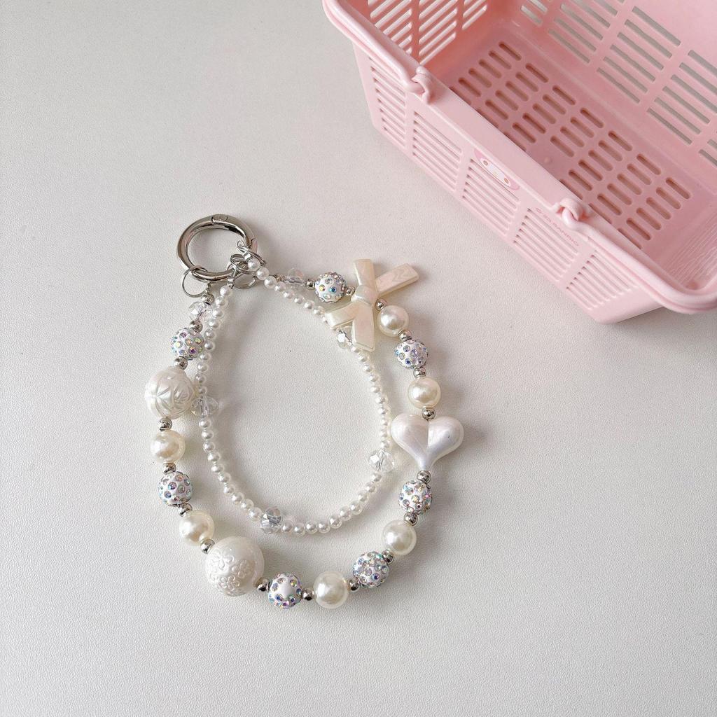 Beaded Pearl Rhinestone Keyring & Lanyard with Phone Case