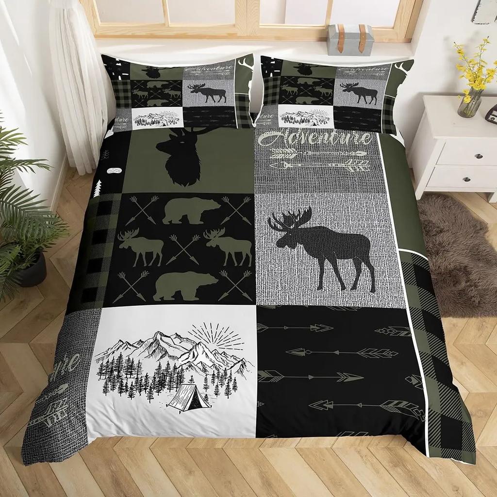 Black Bear Deer Bedding Set Woodland Animals Elk Moose Wildlife Hunting Country Lodge Cabin Duvet Cover Set Queen Comfortable