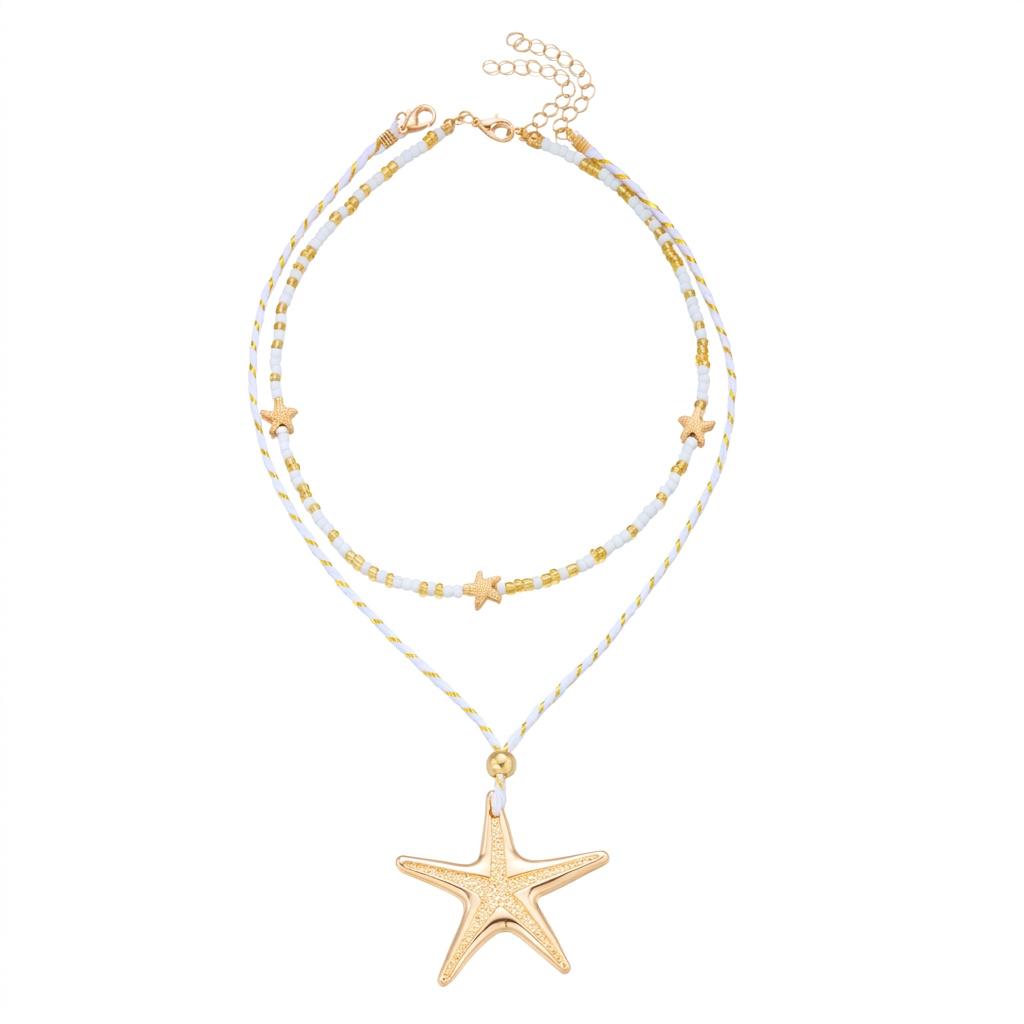 Bohemian Starfish Pendant Necklace for Women Exaggerated Sea Star Rice Beaded Chain Beach Party Fashion Jewelry Gift