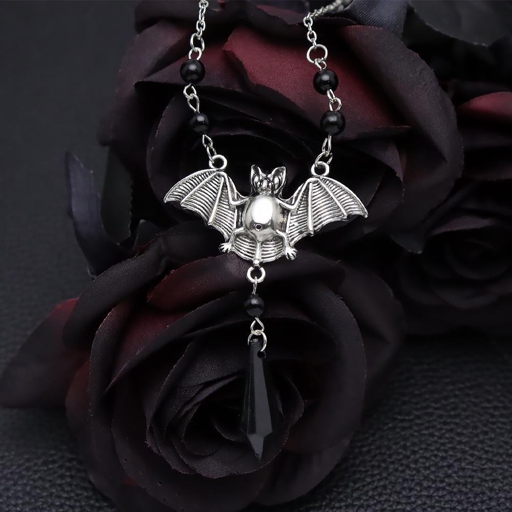 Bat Pendant Necklace with Black Beads & Coffin Crystal - Gothic Halloween Accessory