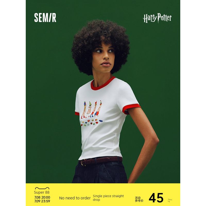 

Senma Harry Potter Joint Name Short sleeve T-shirt Women Short Print 2025 Summer New Slim fit Contrast Color Pullover Red-white tone 00316 165/88A/L