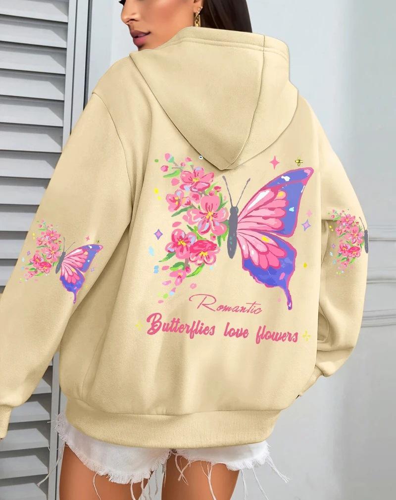 Butterfly Love Floral Print Women's Fleece Hoodie - Loose Fit with Pockets