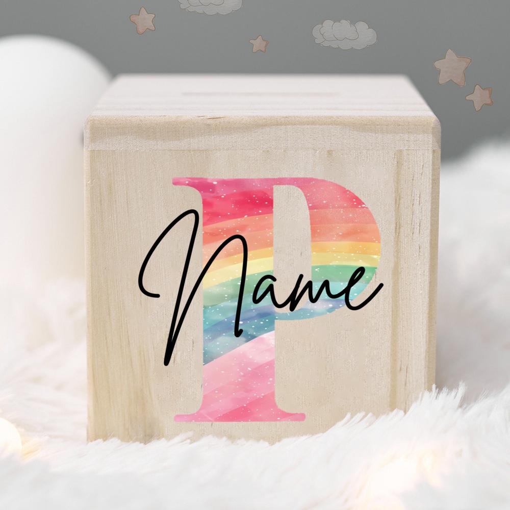 Personalized Money Box Kids Money Boxes Rainbow Letter with Name Coin Collection Box Wooded Coin Bank Child Birthday Shower Gift
