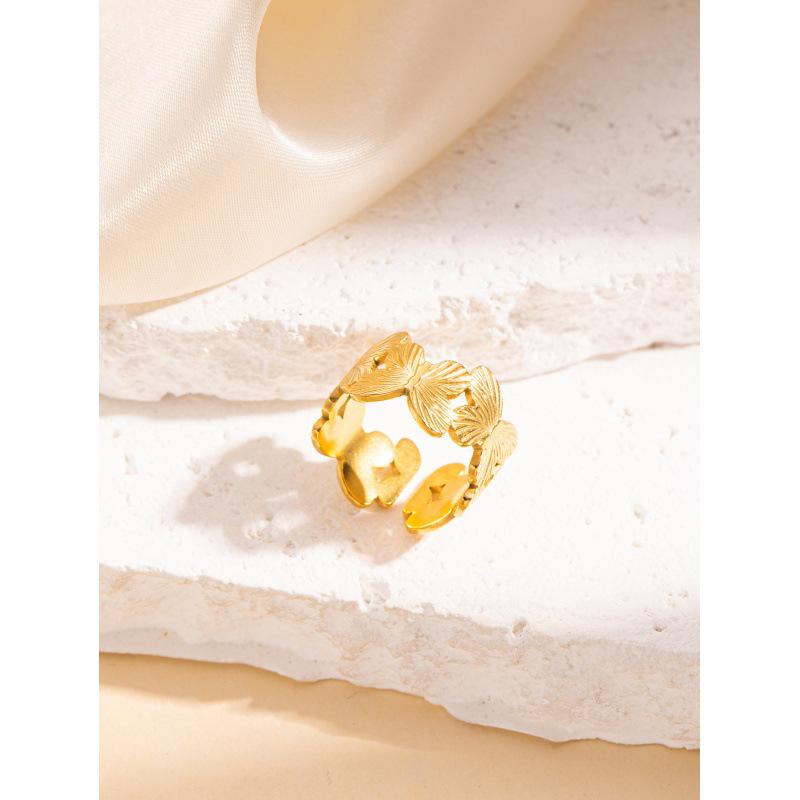 Retro Titanium Steel Irregular Leaf Butterfly Open Ring for Women