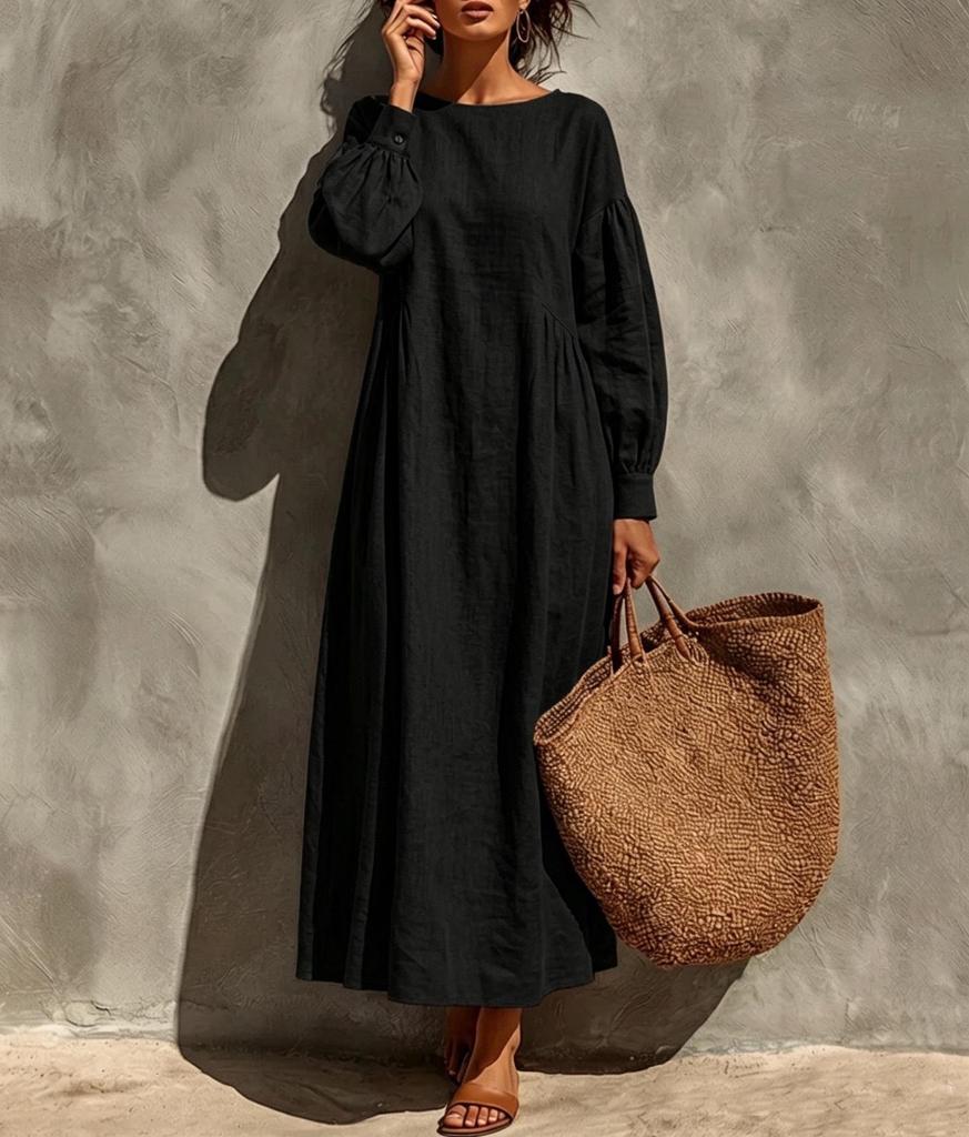 2026 Autumn/Winter Linen Puff Sleeve Round Neck Maxi Beach Dress for Women