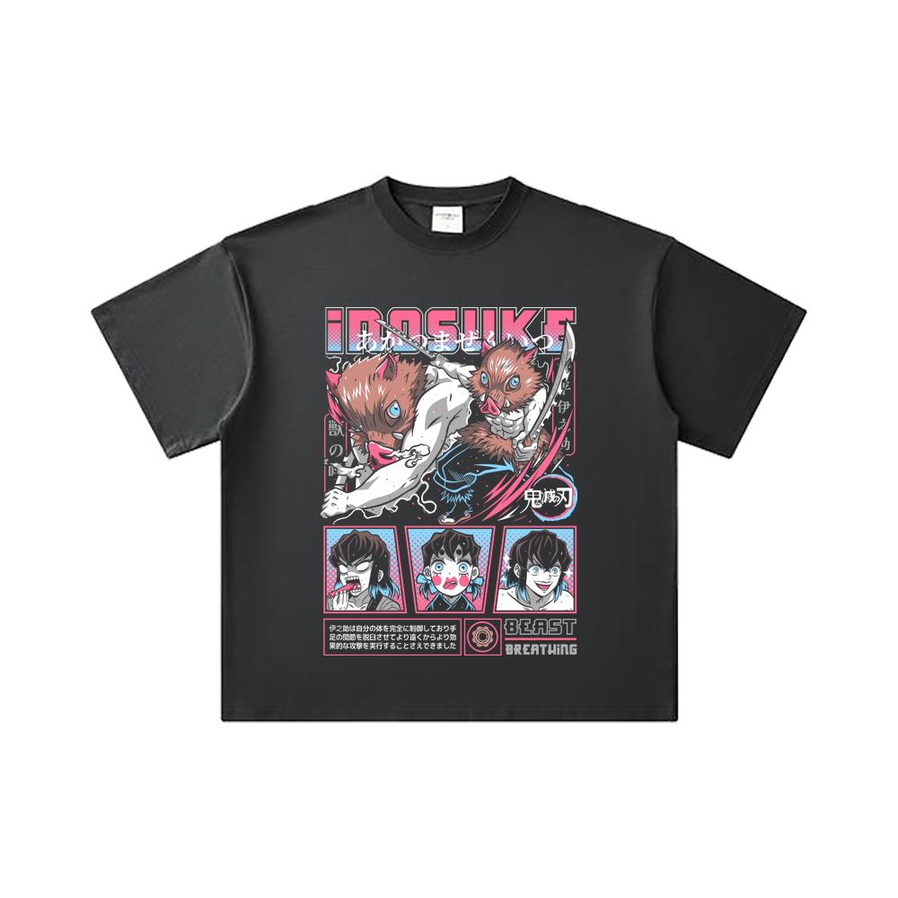 260 GSM Double Yarn 32 Count 100% Cotton Demon Slayer V28 Inosuke Print Unisex Heavy Cotton T Shirt