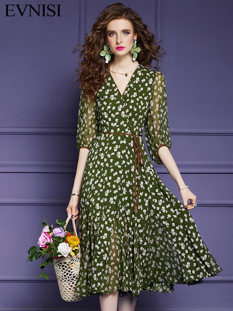 

EVNISI женское элегантное шифоновое платье со складками и принтом на шнуровке, офисные платья трапециевидной формы, шикарные женские вечерние большие качели, летнее платье