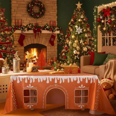 Gingerbread House Christmas Tablecloth Reusable Washable Gingerbread Playhouse Table Cover with Playful Cut-Out Windows for Dining Room Kitchen Party
