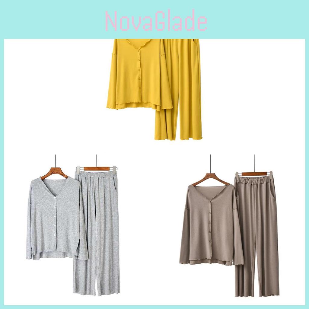 Ladies Autumn Modal Sleepwear Kit With V Neck Long Sleeve And Elastic Waist For Relaxation