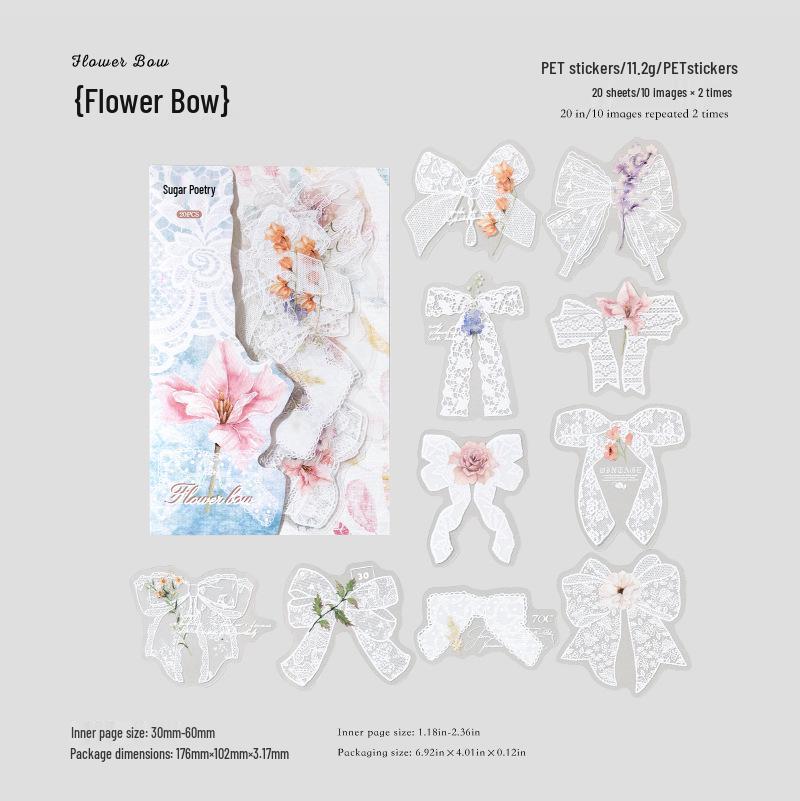 Наклейки-стикеры  Сахарная Поэзия  Белые Чернила: Серия «Кружевной Цветочный Танец» для Журналов и Коллажей (6 типов)