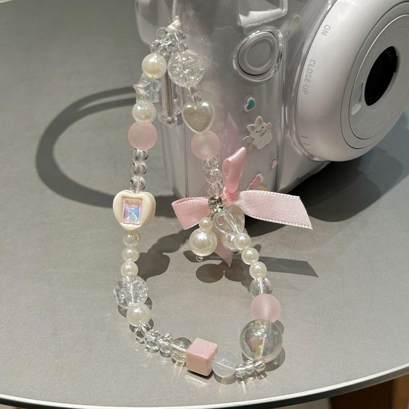 1Pcs Korean Lovely Pink Bowknot White Beaded Phone DYM Charm Lanyard For iPhone Samsung Universal Accessories Jewelry Pendant
