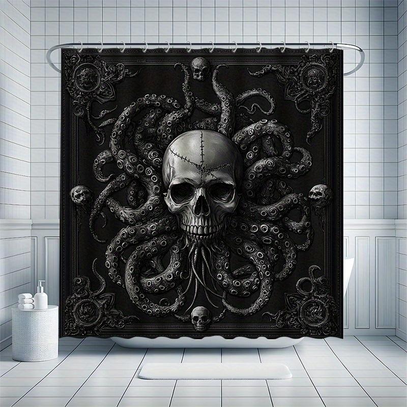 Deep Sea Skull Shower Curtain Set - Eerie Tentacle Background, Includes 12 Hooks, Waterproof Polyester, Modern Bathroom Decor