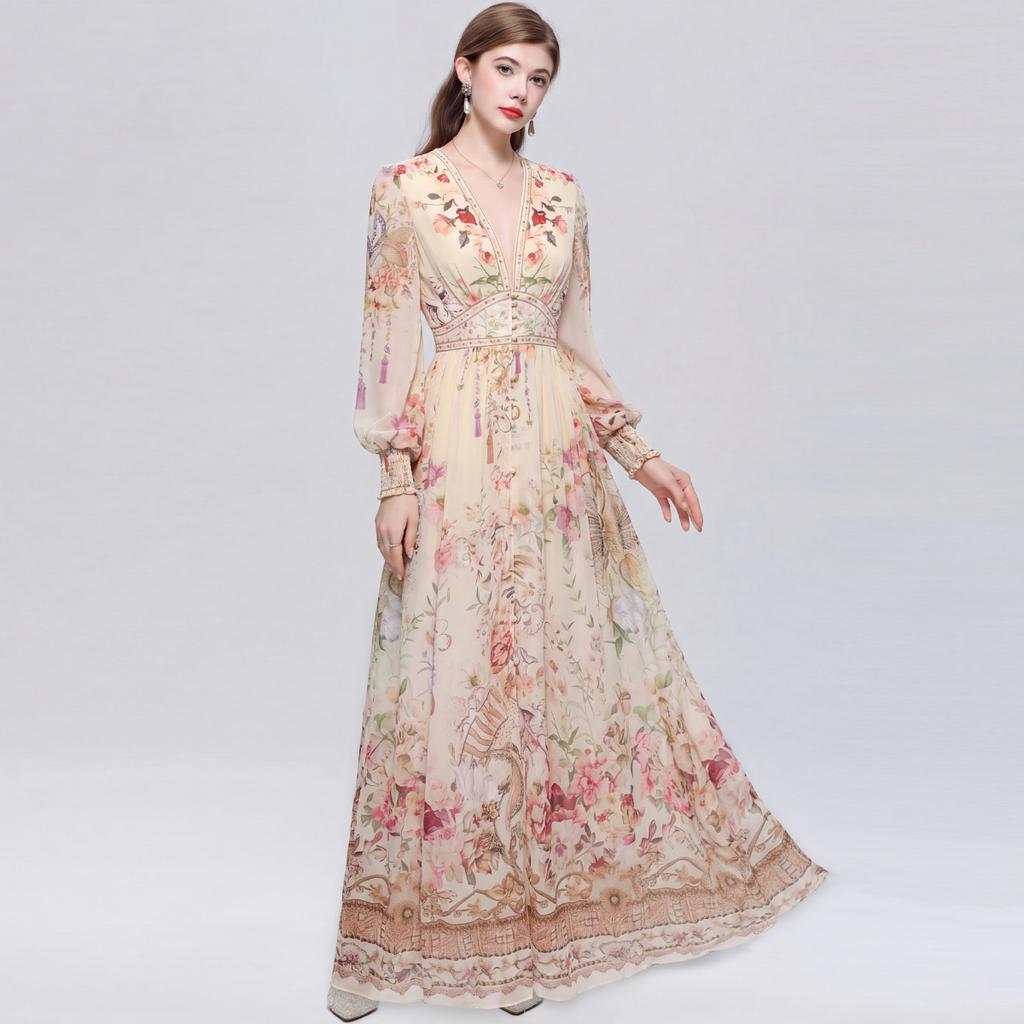 French Romantic-Style Printed Long-Sleeve Dress for Women Autumn V-Neck Puff Sleeves Elastic Waist A-Line Elegant Long Maxi Dress