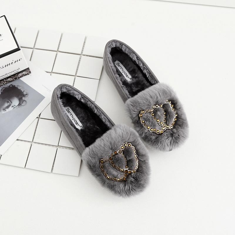 

Туфли на плоской подошве с двойным сердцем и стразами, замшевые мокасины с застежкой-молнией, однотонные зимние туфли для женщин, размер плюс 41 4.5 серый