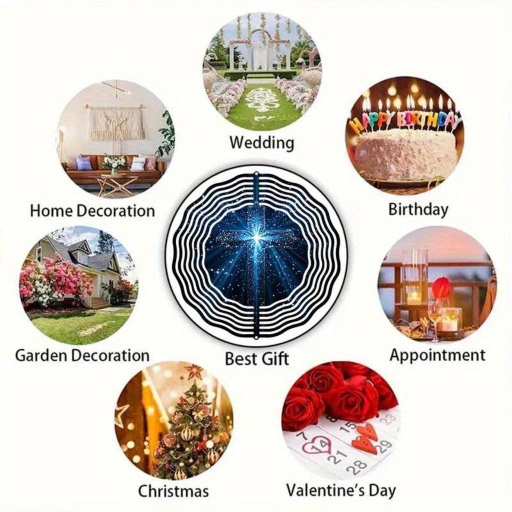 Starry Sky Blue Light Cross Pattern Wind Rotating Chime Metal Hanging Ornament for Yard Balcony Window Outdoor Decor Gift