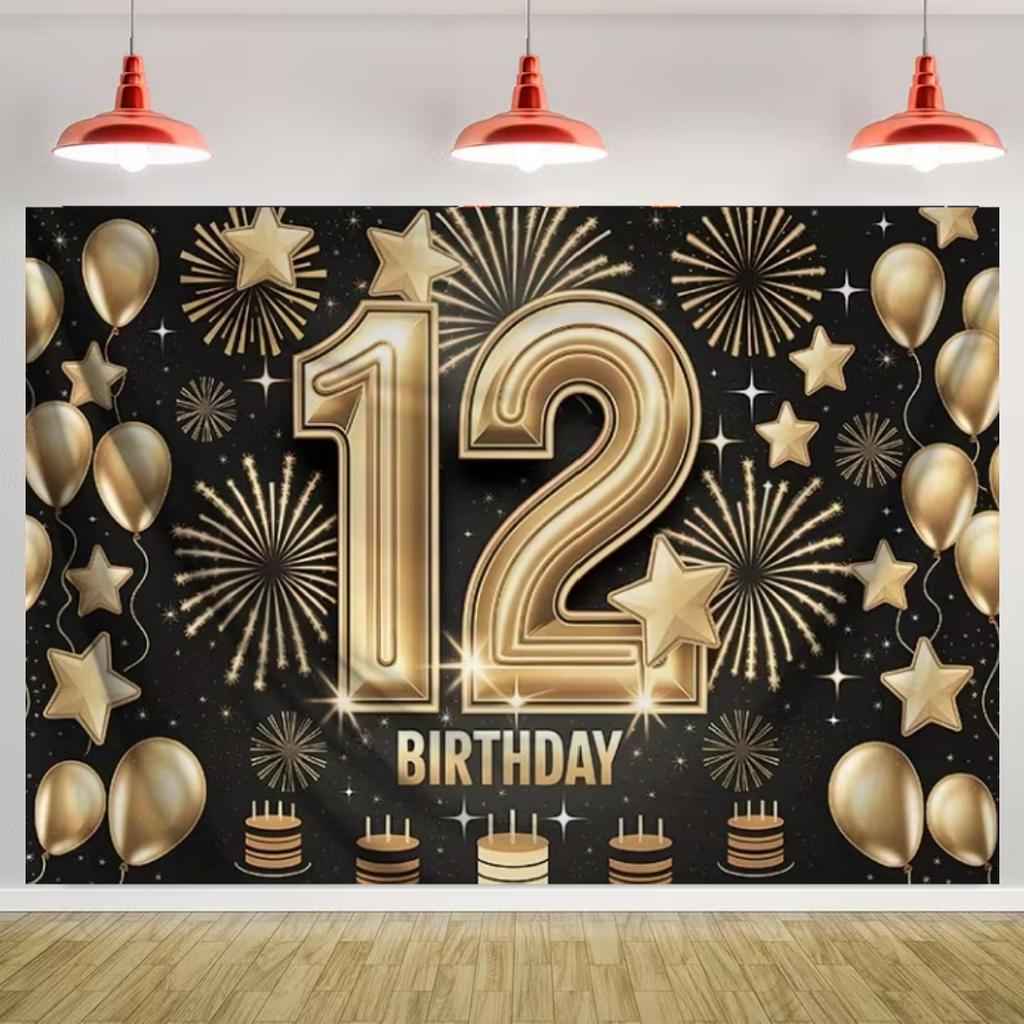 Happy 12th Birthday Banner Black Gold Balloon Background Party Decoration Boys Girls Birthday  Photography Backdrop Kids Gifts