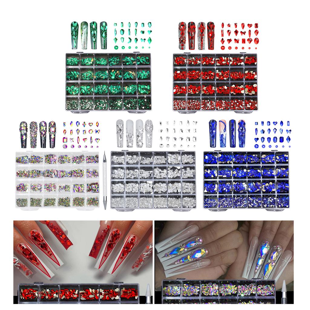 Nail Crystal Rhinestones Kit,Mix Shape AB Glass,3D Diamonds Flatback Crystals with Drill Pen,Nail Crystal,Nail Art Decor
