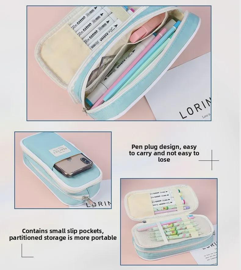 Macaron Colorblock Large Capacity Art Student Pencil Case - Double Layer Oxford Cloth Paintbrush Storage Bag