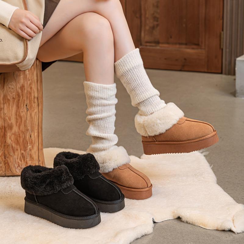 Dicksohlige flauschige Schneestiefel für Damen neue Wintermodelle, gefüttert, verdickt, rutschfest und erhöhendes Fell integriertes Leder warme Baumwollschuhe