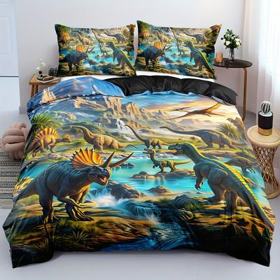 3D Dinosaurier-Druck Bettbezug-Set Reißverschluss-Verschluss-100% Polyester Atmungsaktives Bettwäsche-Set Ganzjahres-Tier-Thema Schlafzimmer-Dekoration