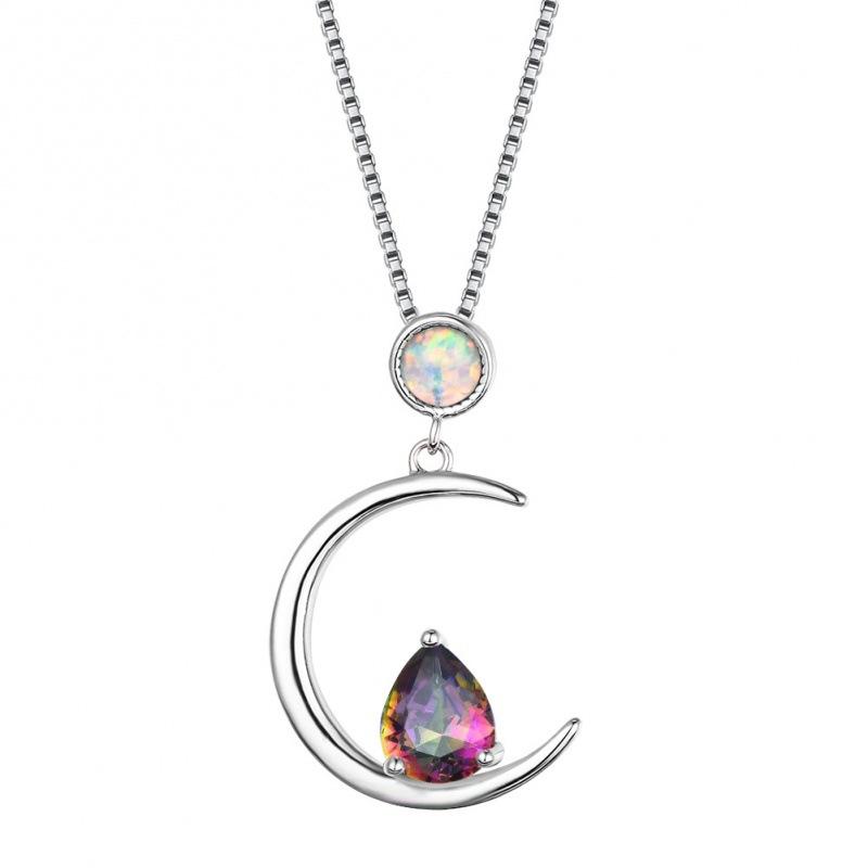 European and American white round opal inlaid with water drop-shaped colored diamond necklace versatile women s niche simple jewelry