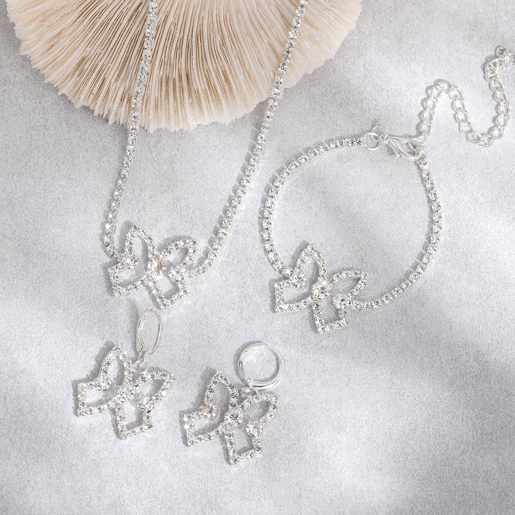Jewelry Set, Personalized Fashion Full Diamond Hollow Butterfly Earrings, Bracelet Necklace 3-Piece Set