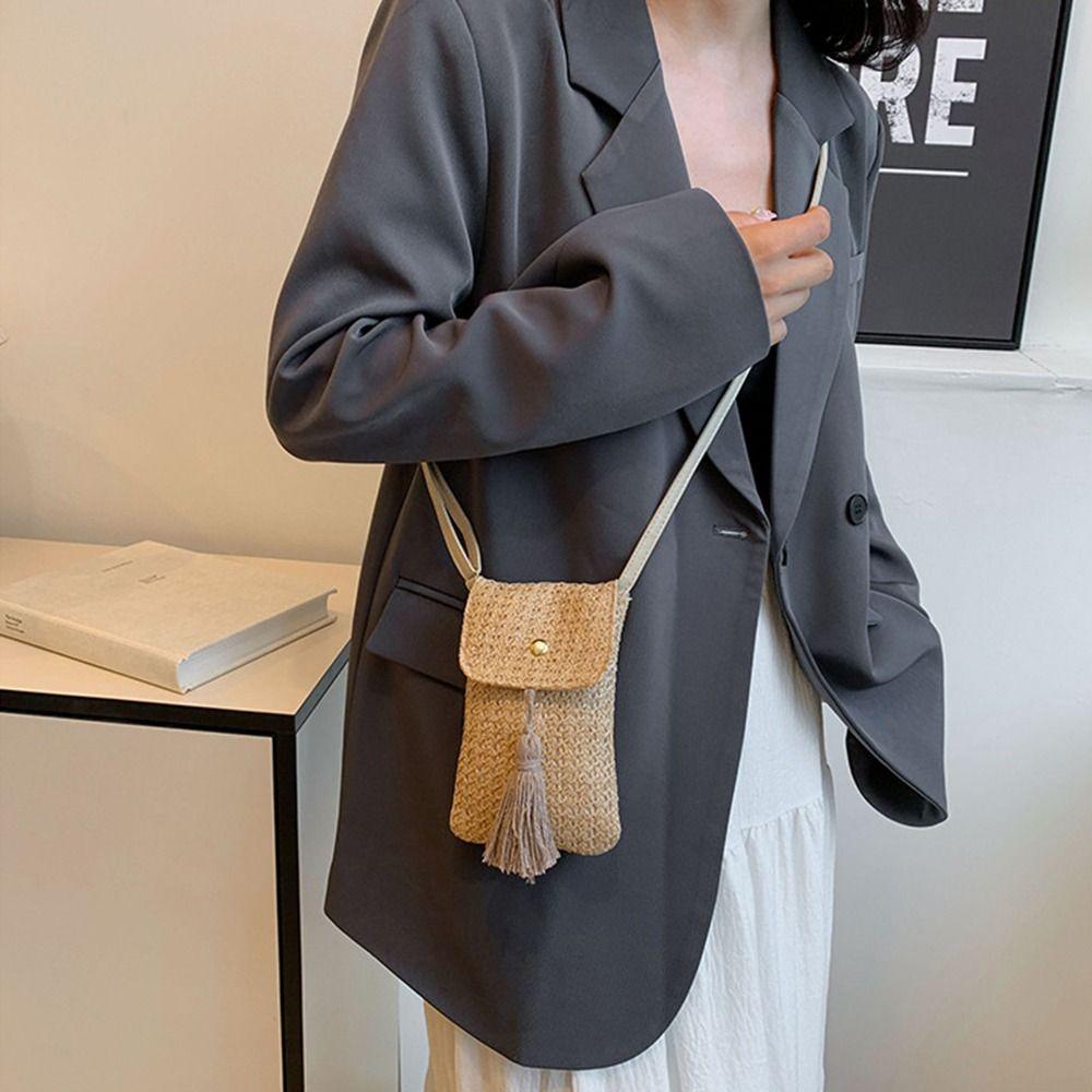 Weaving Woman Phone Pouch Elegant Woven Beach Bag Leisure Straw Woven Handbag Female