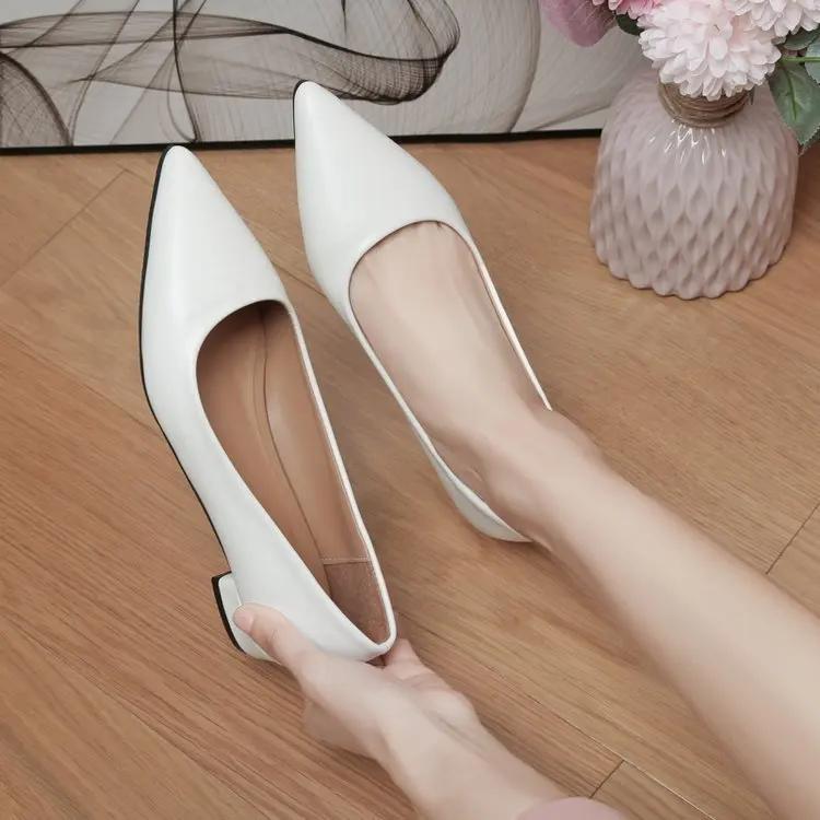 2025New Pointed Toe Shallow Mouth Square Heel Small Leather Shoes Women's Elegant High Heels Dress Shoes Zapatos Mujer