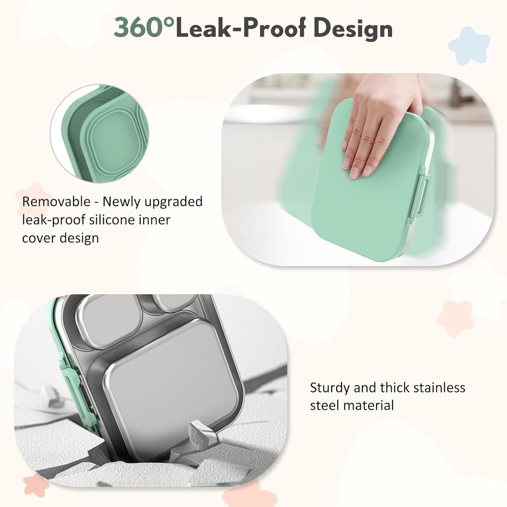 Stainless Steel Bento Box Kids, Leak Proof Metal Bento Lunch Box,3 Compartments 304 Stainless Steel Bento Lunch Containers for School and