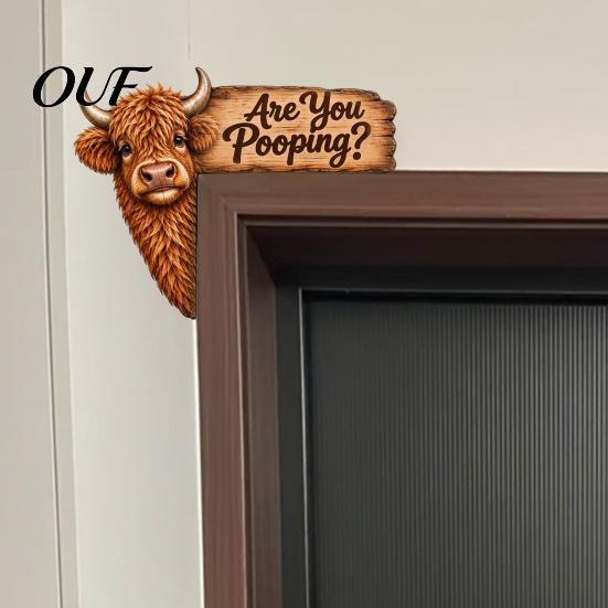 Cute Animal Door Ornament Funny Highland Cow Topper Sign, Are You Pooping Bathroom Decor, Farmhouse Style Accessories Peeking Corner for Restroom Home