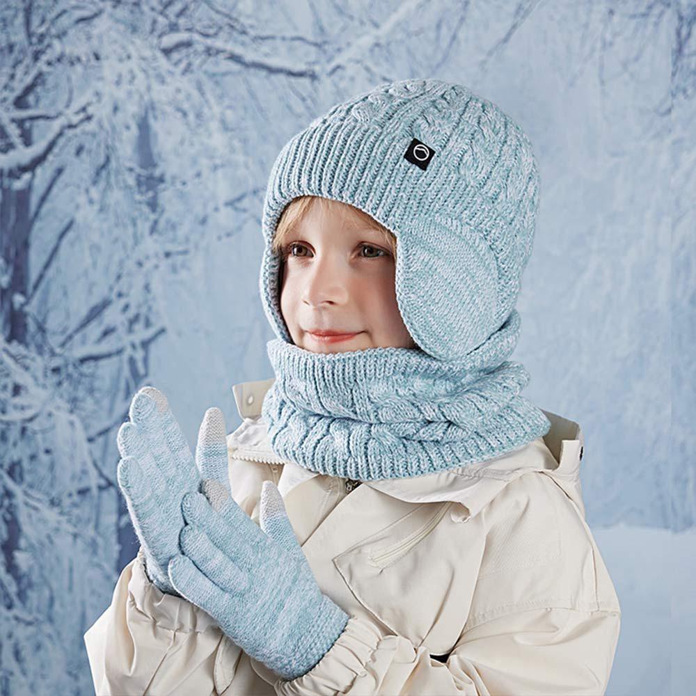 Warm Children's Hat Neck Scarf Gloves Set Fleece Lined Touchscreen Gloves for Boys and Girls