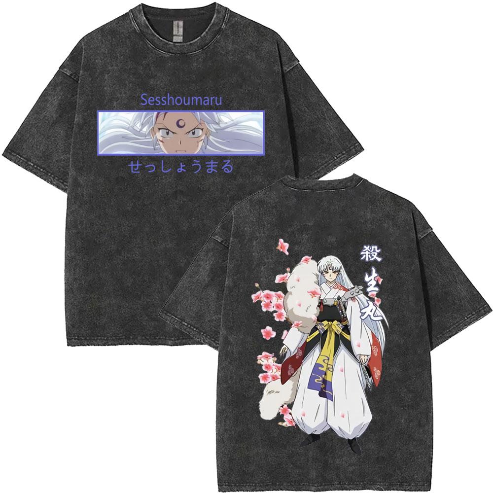 Washed Vintage Anime Inuyasha Graphic Print Tshirt Men Women Casual Oversized Cotton T Shirts Mens Retro Cartoon Streetwear