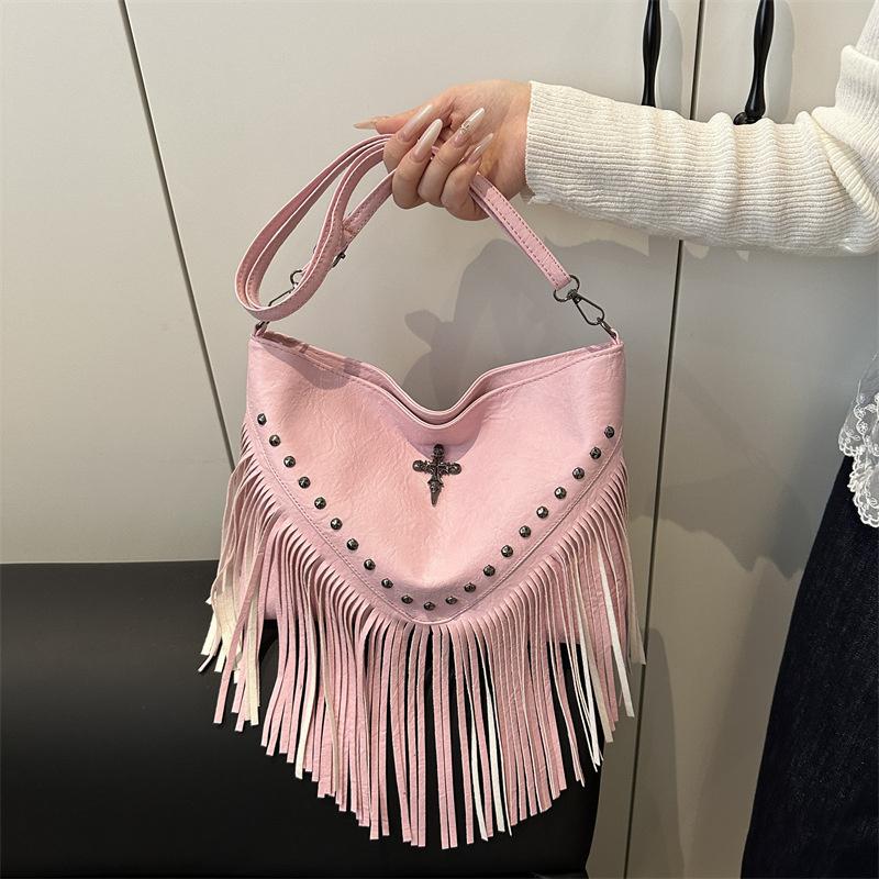 Mode Vintage Leder Umhängetasche Boho Stil Schultertasche Quaste Niete Kreuz Dekor Quadratische Geldbörse Lässige Messenger Bag CLE