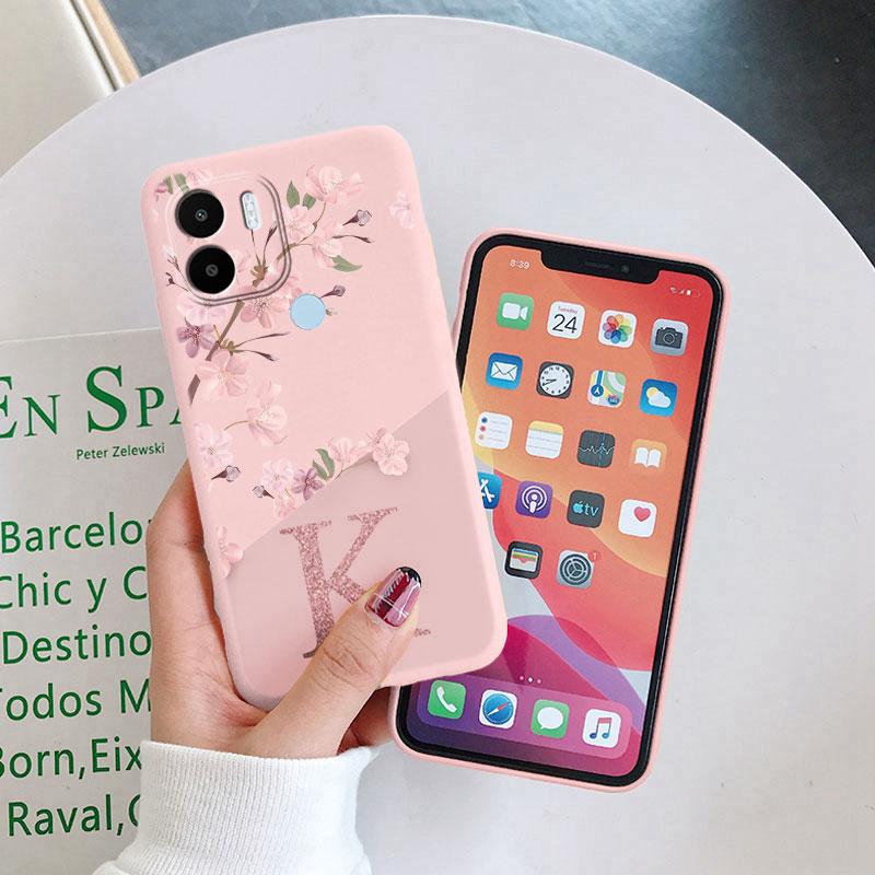 For Redmi A1 A2 Plus 4G Phone Case Pink Flowers Initial Letter A To Z Silicone Soft Back Cover For Redmi A1+ A2+ Alphabet Coque