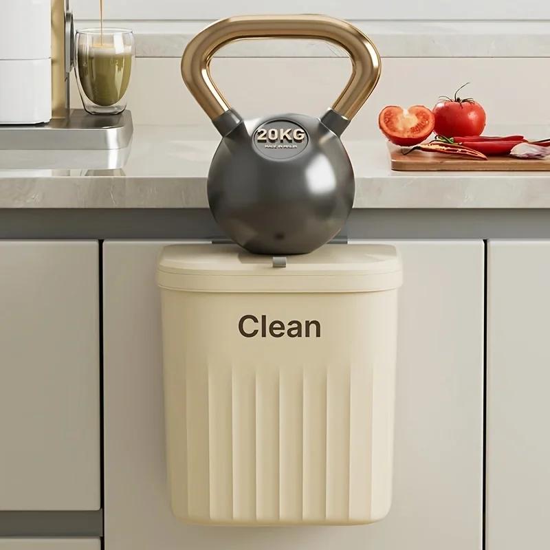 1pc Hanging Trash Can for Kitchen Cabinet Doors - Compact Garbage Bin with Hook or Adhesive Mount, Cream & White Design
