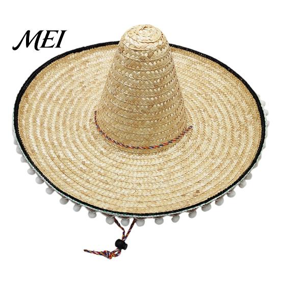 Volwassen Vakantiehoed Mexicaanse Sombrero met Kleurrijke Pompons, Hawaïaanse Stijl Geweven Strooien Zonnehoed, Met Brede Rand Lichtgewicht Themafeest Kostuum voor Zomerstrand