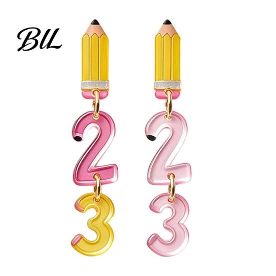 Personalized School Life Ornaments 1 Pair Teacher Earrings for Women, Cute 2D Acrylic Crayon Pencil Backpack Dangle Number Alphabet Earrings,