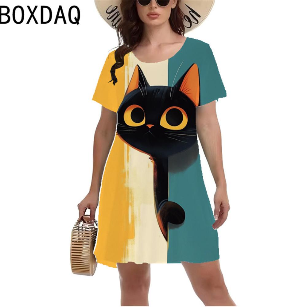 Summer Fashion 3d Funny Cat Print Dress Women's Casual A-line Dress Short-sleeved O-neck Mini Dress