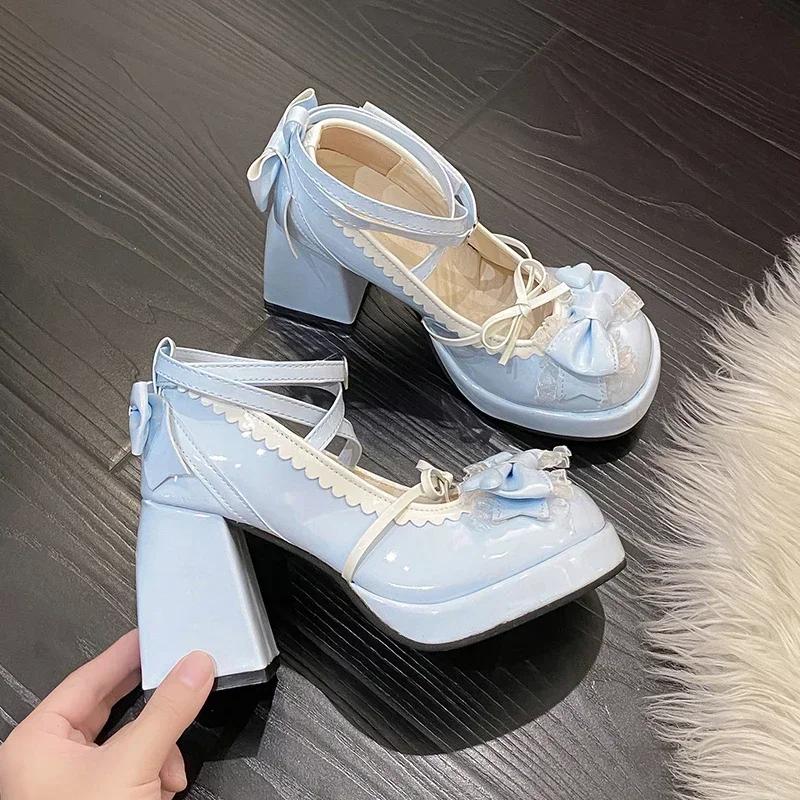 Fashion Women Platform Lolita Shoes Bow Mary Janes Shoes Party High Heels Trend Kawaii Leather Shoes Lace Fashion Chunky Heeled Pumps