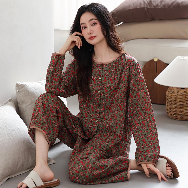 

Женский осенний хлопковый кардиган, пижамный комплект - с длинным рукавом, тонкий, повседневный для мам среднего возраста 3XL (Height 175-180, Weight 160-180)