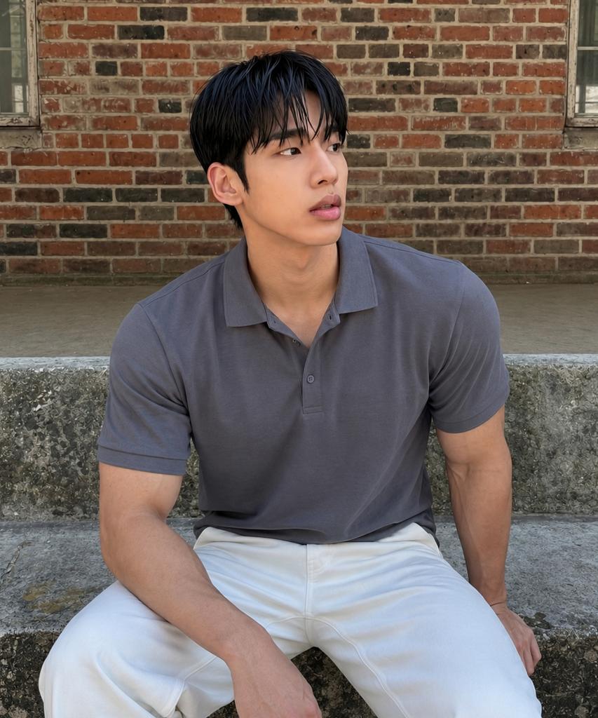 HERVINO Basic Cool Cotton Collared Short Sleeve Tee [Charcoal Blue] (Type B)